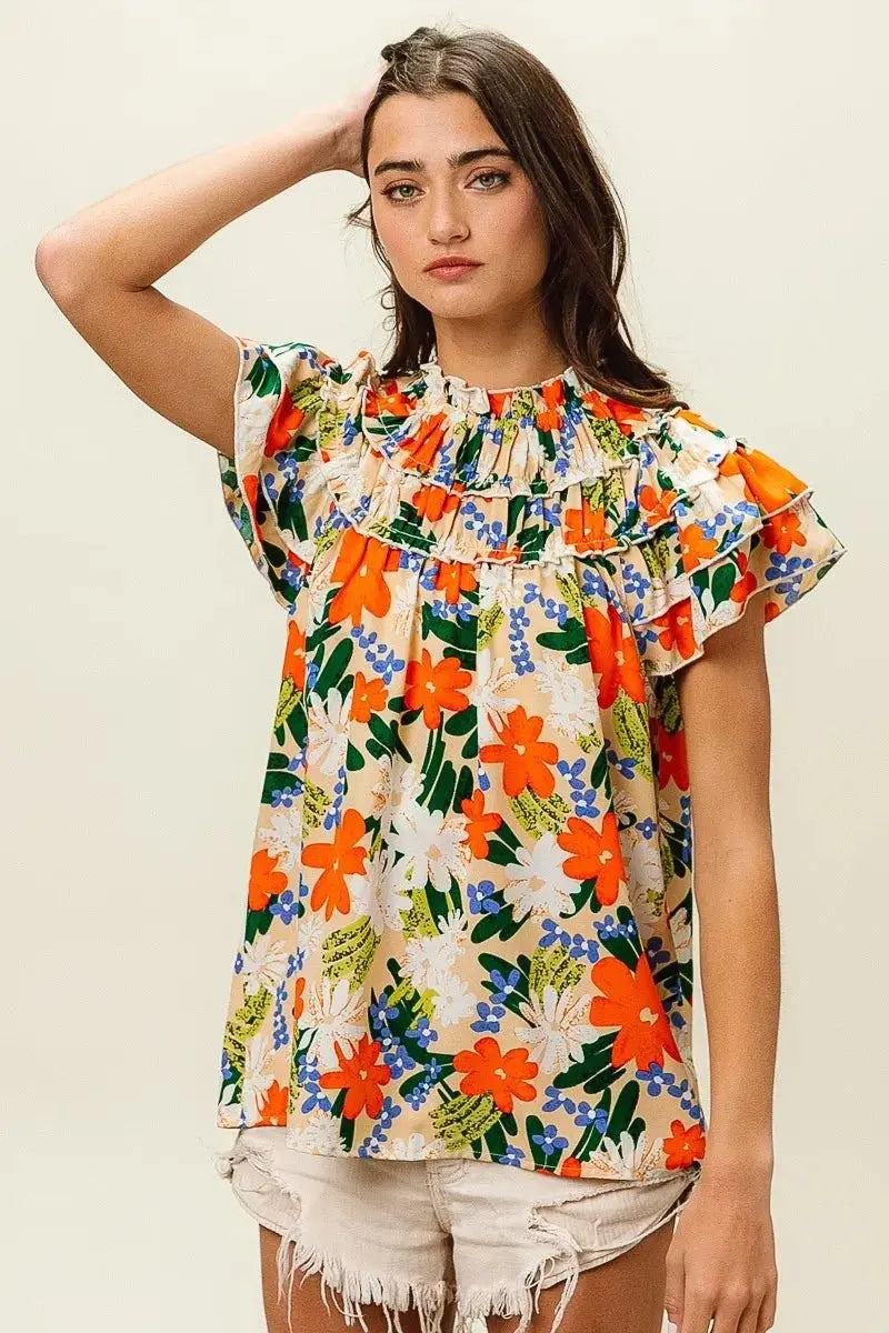 BiBi Multi Color Floral Print Woven Top for Women - Love Salve